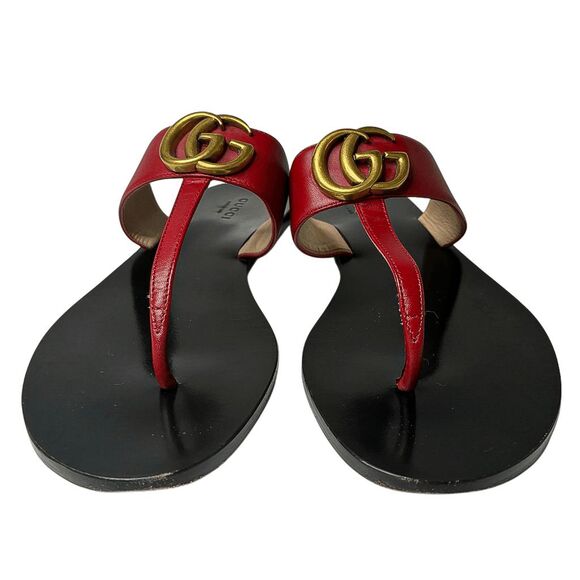 Gucci Marmont GG Logo T-Strap Thong Sandals Red Leather Flats EU 37 US 7 - Picture 3 of 11